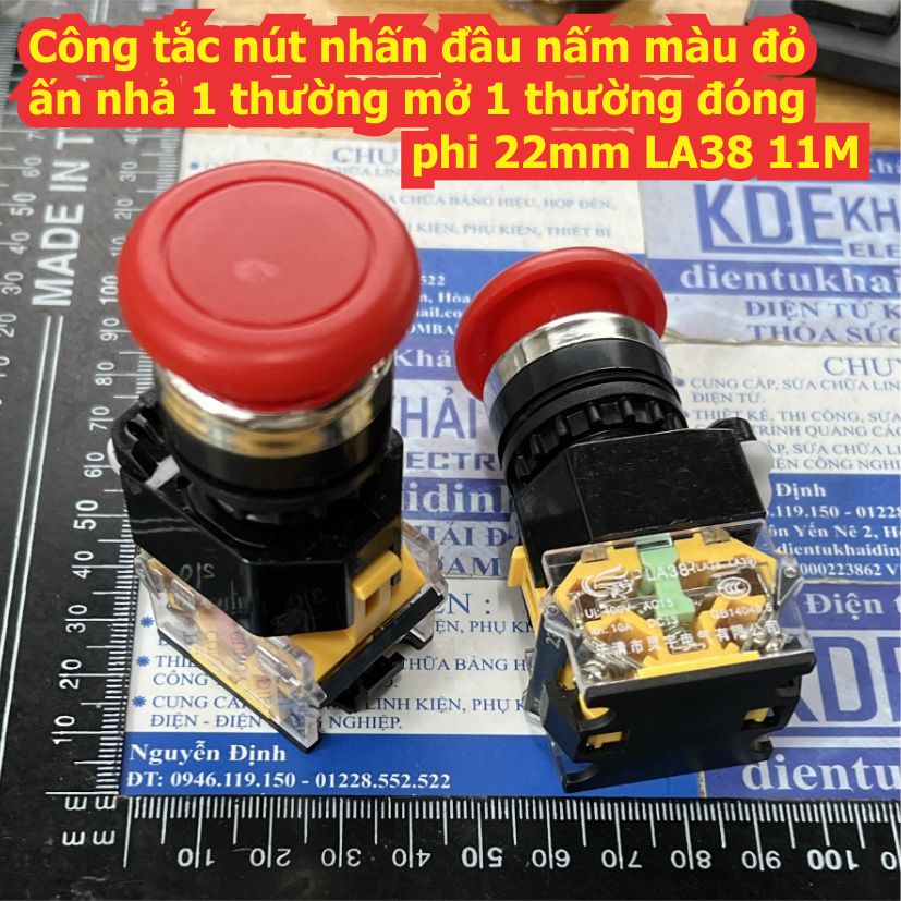 Công tắc nút nhấn đầu nấm màu đỏ ấn nhả / ấn giữ 1 thường mở 1 thường đóng phi 22mm LA38 11M 11ZS kde8838