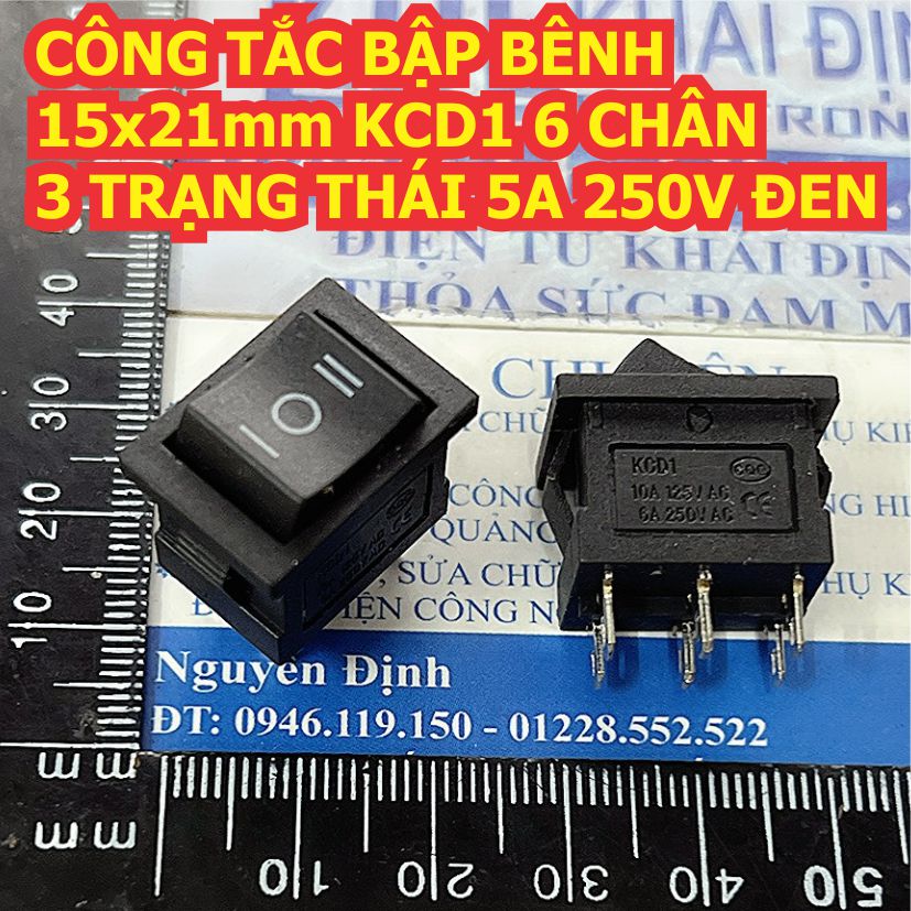 CÔNG TẮC BẬP BÊNH 15x21mm KCD1 6 CHÂN 2 TRẠNG THÁI / 3 trạng thái 5A 250V ĐEN kde8974