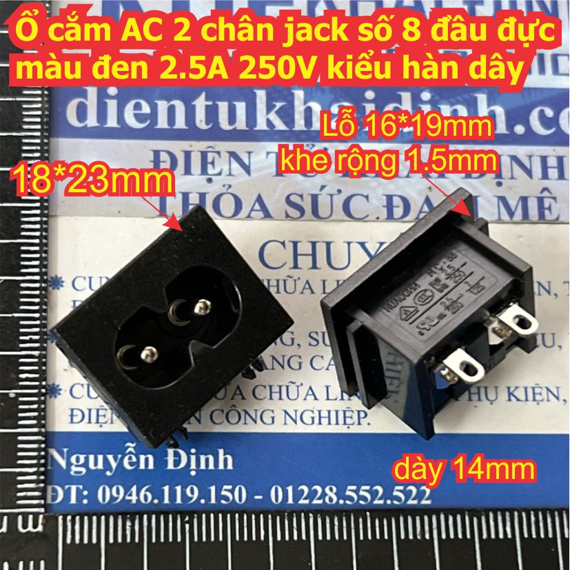 cắm AC 2 chân jack số 8 đầu đực màu đen 2.5A 250V kiểu hàn dây / hàn PCB kde9098