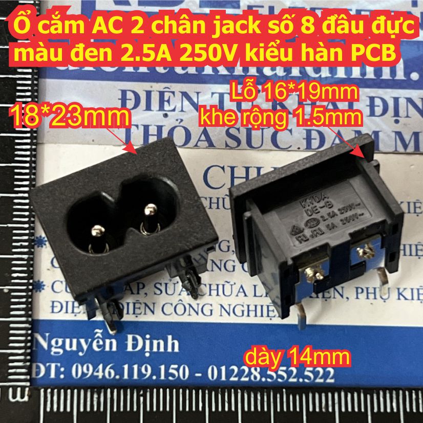 cắm AC 2 chân jack số 8 đầu đực màu đen 2.5A 250V kiểu hàn dây / hàn PCB kde9098
