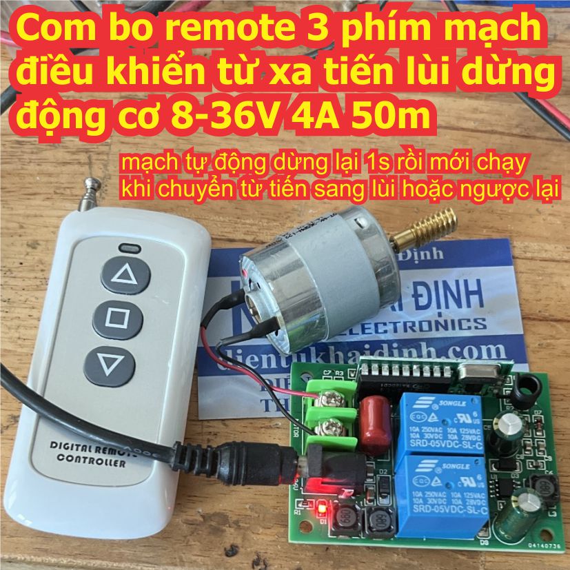 Com bo remote 3 phím mạch điều khiển từ xa không dây tiến lùi dừng động cơ 8-36V 4A 50m kde9172
