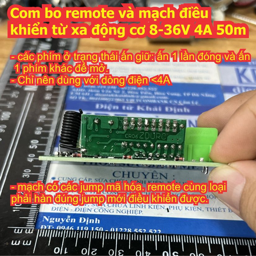 Com bo remote 3 phím mạch điều khiển từ xa không dây tiến lùi dừng động cơ 8-36V 4A 50m kde9172