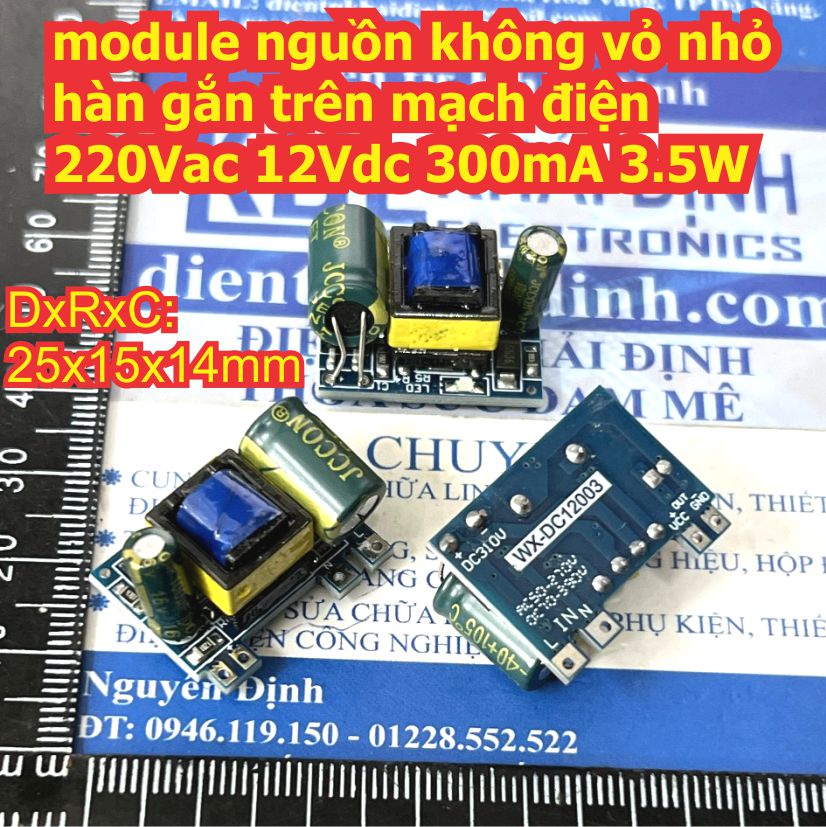 module nguồn không vỏ nhỏ hàn gắn trên mạch điện 220Vac ra 5Vdc 700mA 12Vdc 300mA 3.5W kde9184