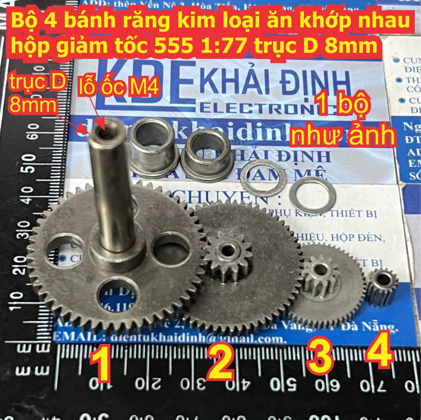 Bộ 4 bánh răng kim loại ăn khớp nhau trong hộp giảm tốc 555 tỉ lệ 1:77 trục D 8mm kde9221