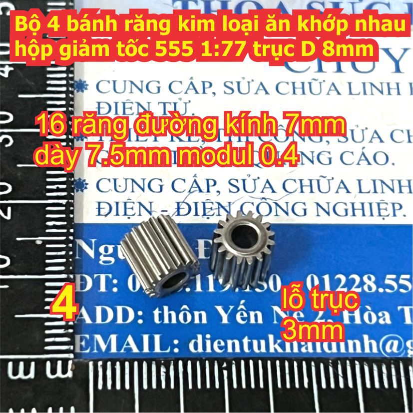 Bộ 4 bánh răng kim loại ăn khớp nhau trong hộp giảm tốc 555 tỉ lệ 1:77 trục D 8mm kde9221