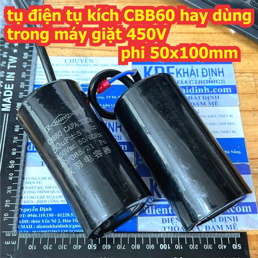 tụ điện tụ kích CBB60 hay dùng trong máy giặt 450V phi 50x100mm 20uF 25uF 30uF 35uF 40uF 45uF 50uF 60uF 70uF kde9233