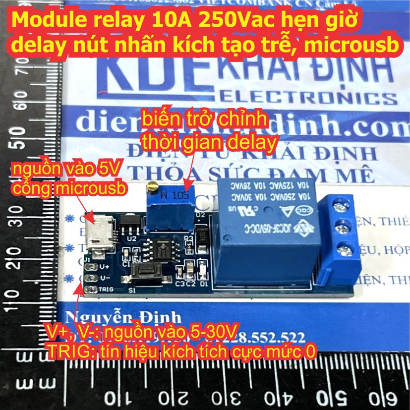 Module relay 10A 250Vac hẹn giờ delay nút nhấn kích tạo trễ, microusb kde9401
