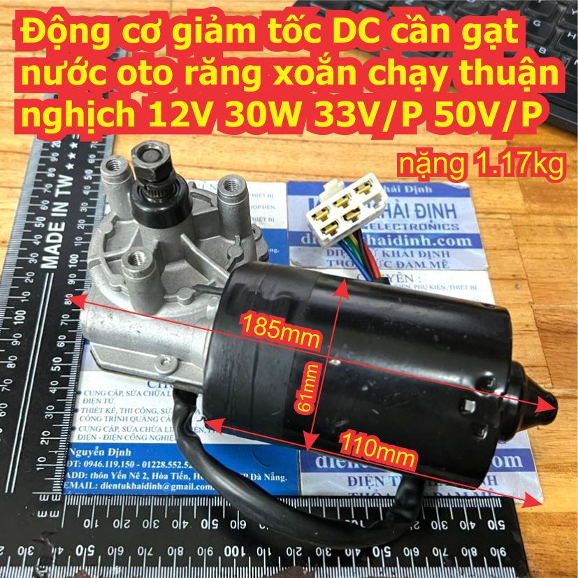 Động cơ giảm tốc DC cần gạt nước oto răng xoắn chạy thuận nghịch 12V 30W 33V/P 50V/P trục ren M8 kde9426
