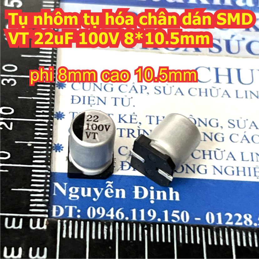 Tụ nhôm tụ hóa chân dán SMD VT 100V  47uF 22uF 10uF 10*10.5mm 8*10.5mm 6.3*7.7mm kde9430