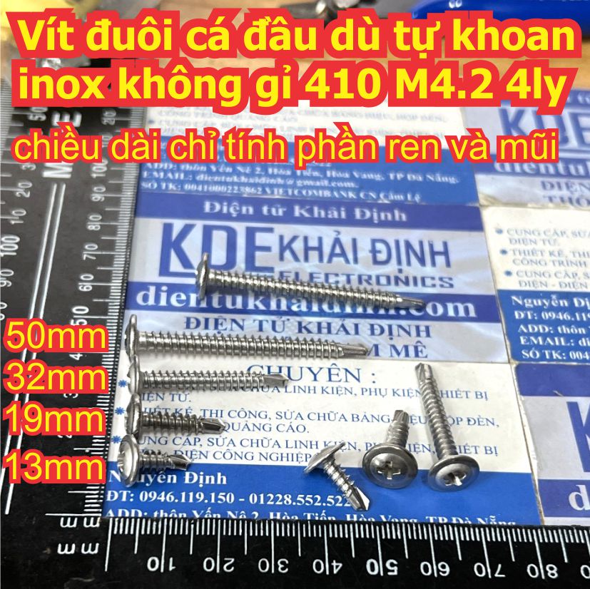 Vít đuôi cá đầu dù tự khoan inox không gỉ 410 M4.2 4ly dài 13mm 19mm 32mm 50mm kde9548