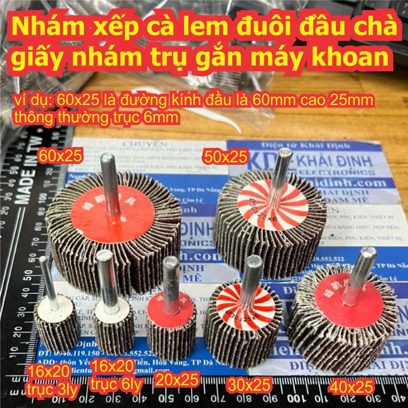 Nhám xếp cà lem đuôi đầu chà giấy nhám trụ 3mm  / 6mm gắn máy khoan các cỡ 20mm ~ 60mm kde9629