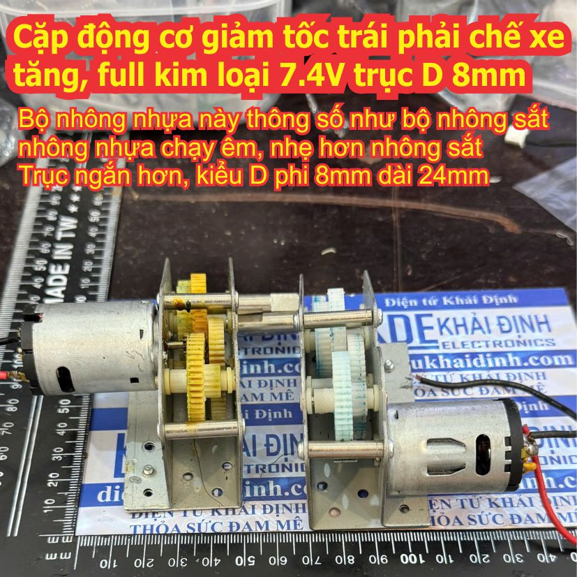 Cặp động cơ giảm tốc trái phải chế xe tăng, full kim loại 7.4V trục D 8mm kde9641