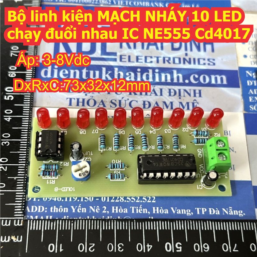 Bộ linh kiện MẠCH NHÁY 10 LED chạy đuổi nhau IC NE555 CD4017 kde9648