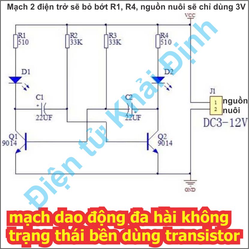 Bộ linh kiện mạch dao động đa hài không trạng thái bền dùng transistor áp 3V - 12V kde9689