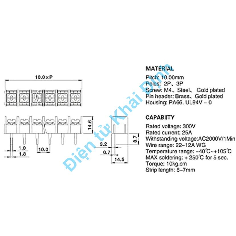 DOMINO cầu đấu đầu vặn nối dây màu đen DG-1000 10mm chân mạ vàng 2p kde0461