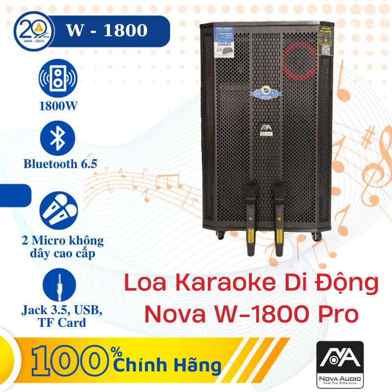 Loa Karaoke Di Động Nova W-1800 Pro (1800W/ BT 5.0/ TWS/ Micro UHF/ USB/ SD)
