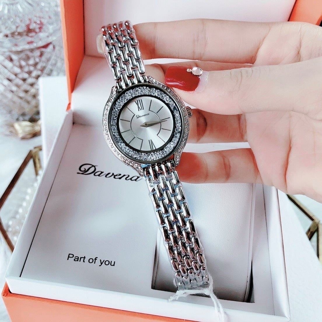 Đồng Hồ Davena Đính Đá Swarovski |Nữ Giới |Dây Kim Loại Trắng Silver |Máy Pin (Quartz) |Size 32mm |donghogiatot.vn
