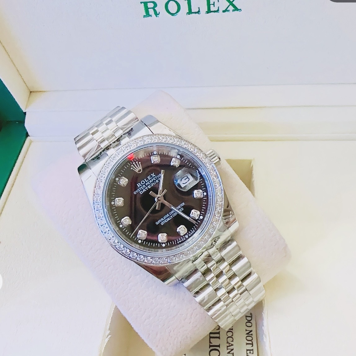 Đồng Hồ Rolex Đính Đá |Cặp Đôi |Mặt Đen |Dây Kim Loại Trắng Silver |Máy Pin (Máy Quartz) |Size 36x31mm |donghogiatot.vn