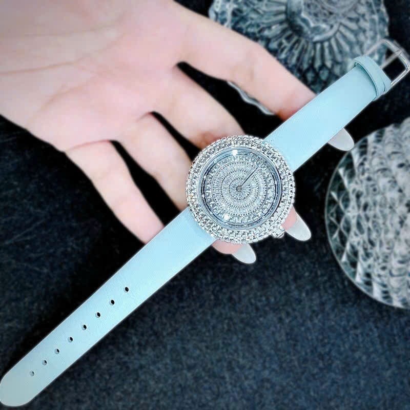 Đồng Hồ Davena Mặt Xoay |Nữ Giới |Full Đá Trắng Silver |Dây Da Xanh |Máy Pin (Quartz) |Size 39mm |donghogiatot.vn