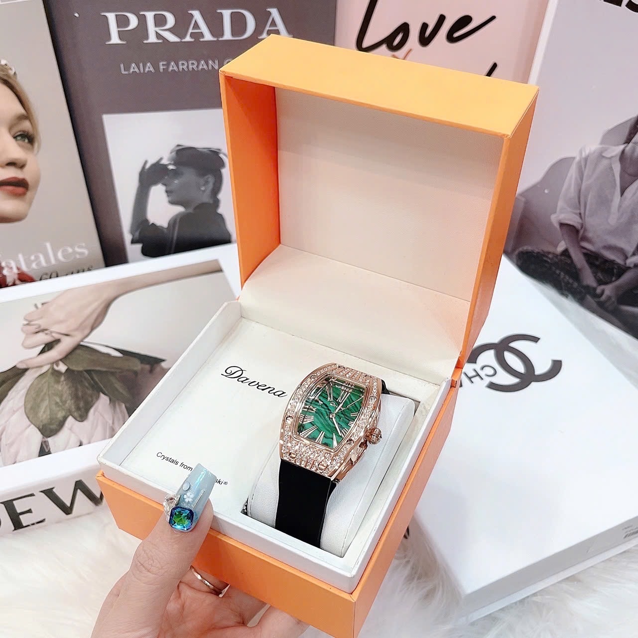 Đồng Hồ Davena Mặt Xanh Lá |Nữ Giới |Rose Gold |Dây Silicone Đen |Máy Pin (Quartz) |Size 30x38mm |donghogiatot.vn