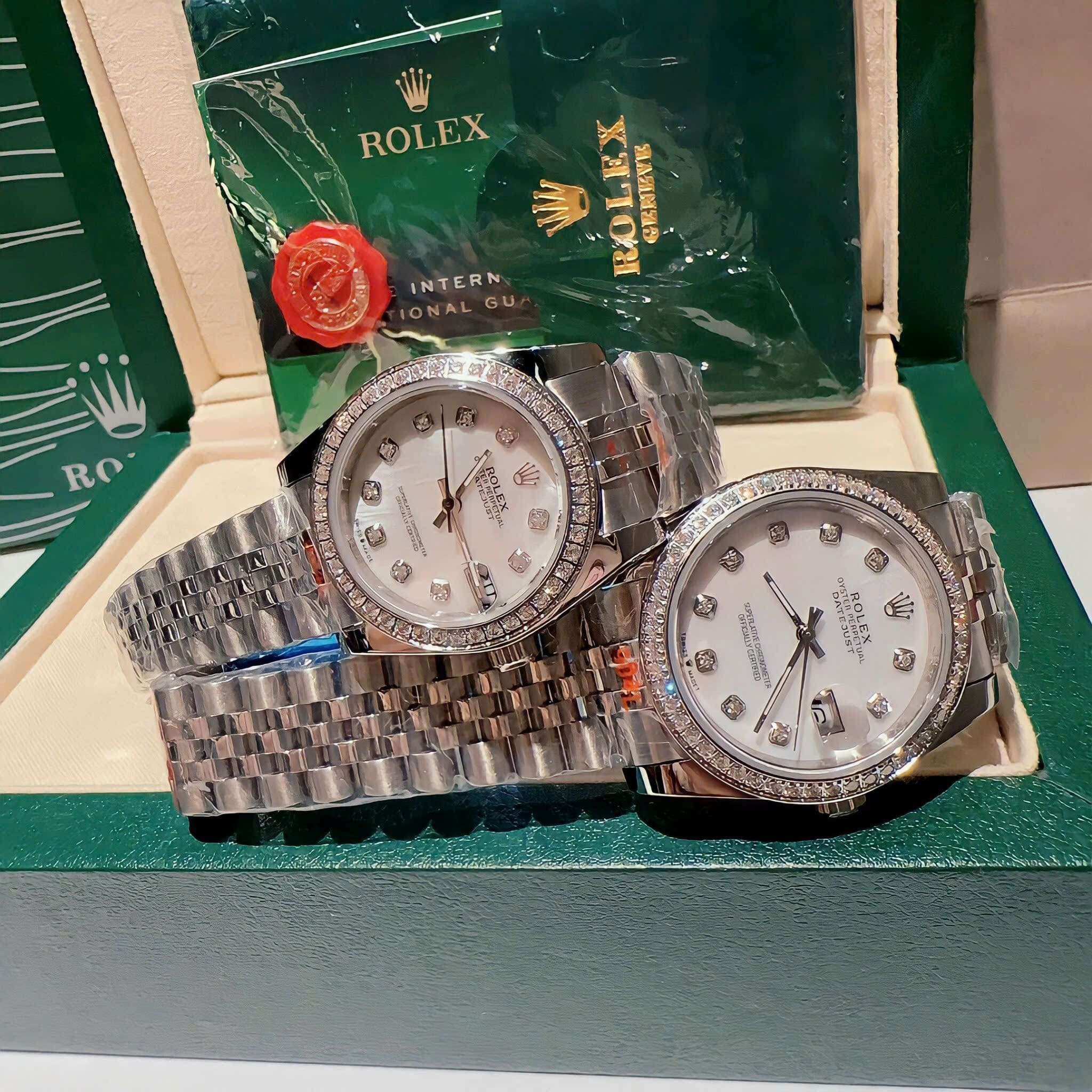 Đồng Hồ Rolex Đính Đá |Cặp Đôi |Mặt Trắng |Dây Kim Loại Trắng Silver |Máy Pin (Máy Quartz) |Size 36x31mm |donghogiatot.vn