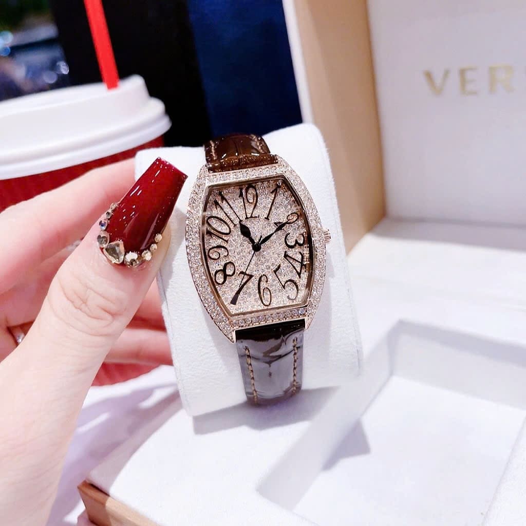 Đồng Hồ Chopard Tựa Franck Muller |Nữ Giới |Full Đá Rose Gold |Dây Da Nâu |Máy Pin (Quartz) |Size 34mm |donghogiatot.vn