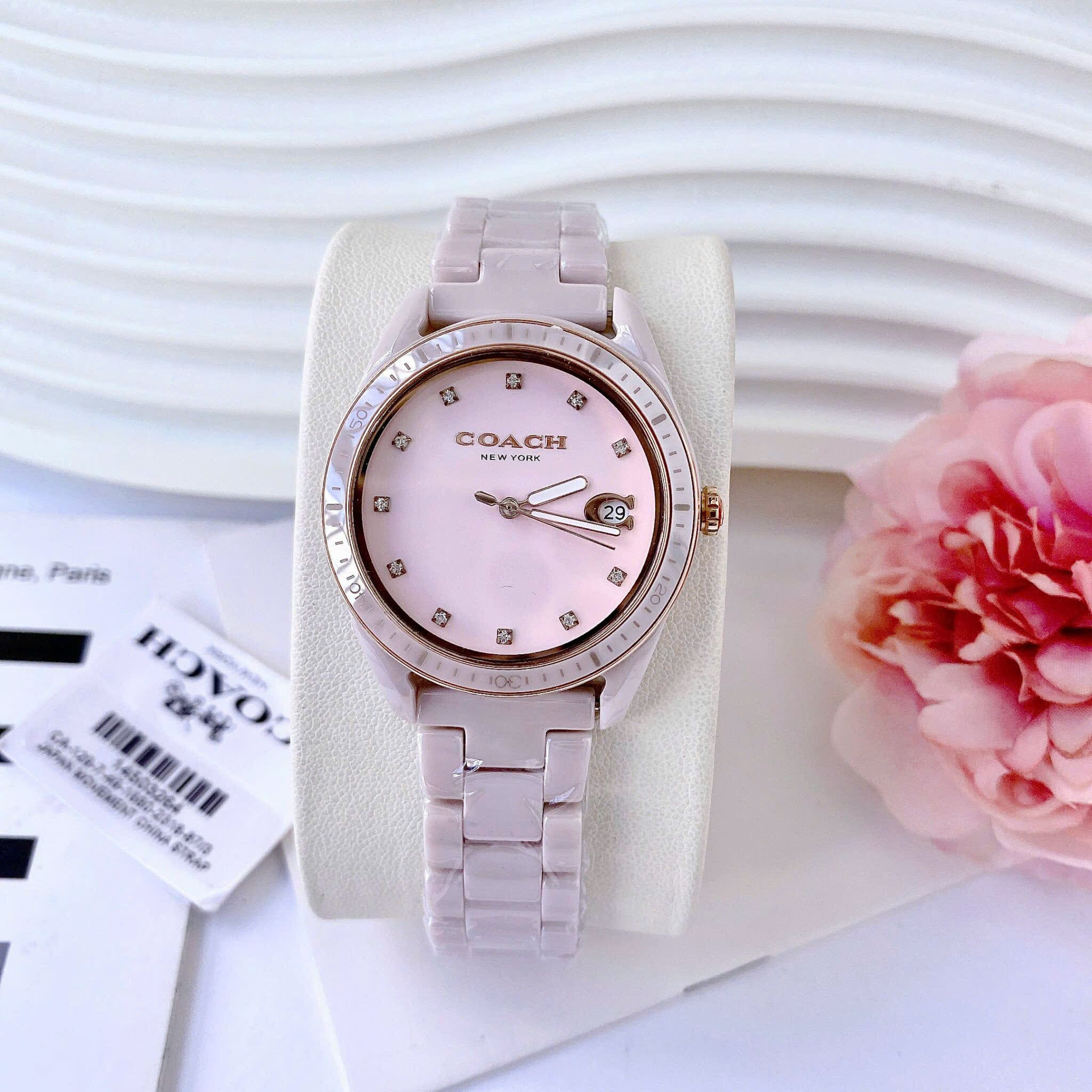 Đồng Hồ Coach Preston |Nữ Giới |Mặt Niềng Bezel |Dây Đá Ceramic Hồng |Máy Pin (Quartz) |Size 36mm |donghogiatot.vn