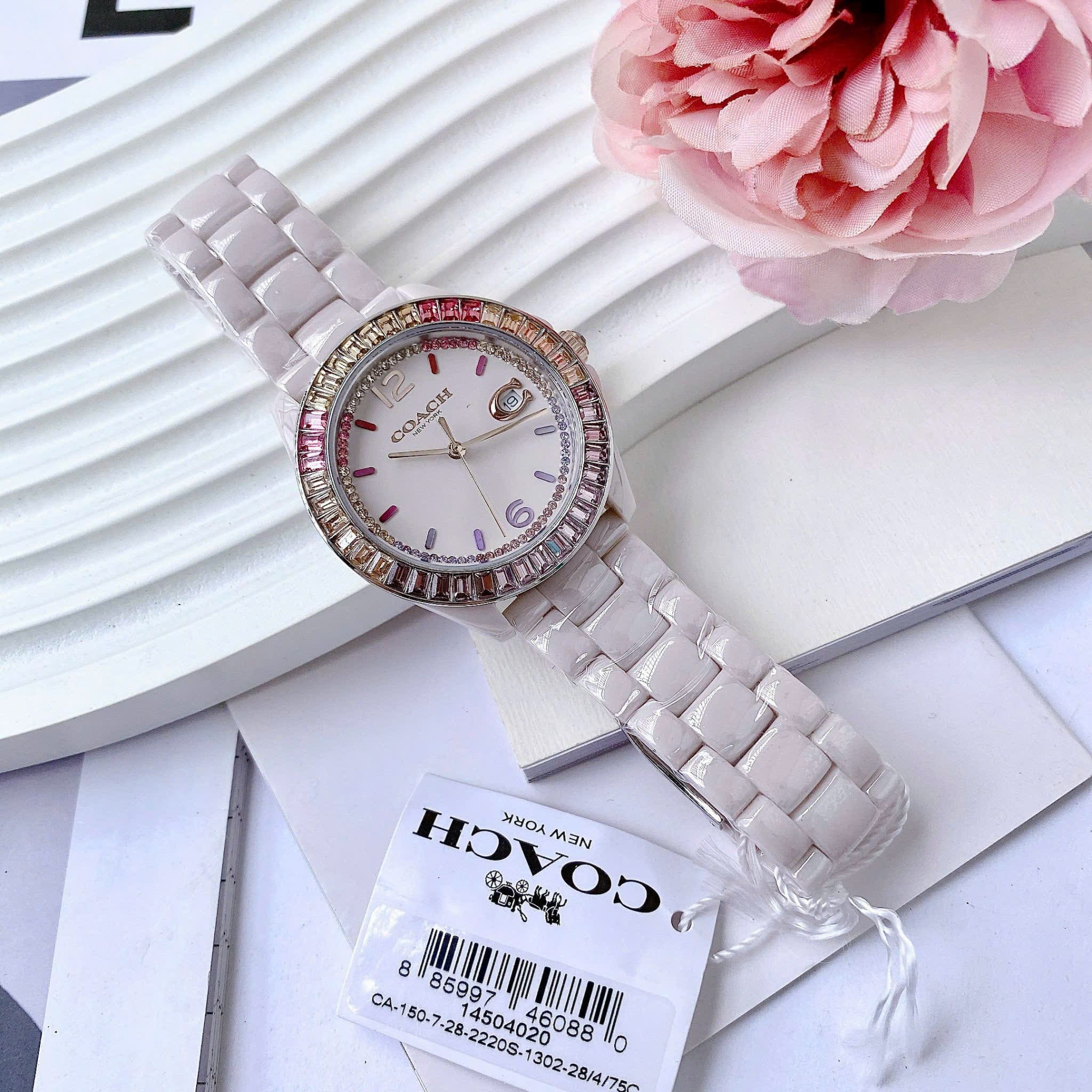 Đồng Hồ Coach Rainbow |Nữ Giới |Đính Đá Nhiều Màu |Dây Đá Ceramic Hồng |Máy Pin (Quartz) |Size 36mm |donghogiatot.vn