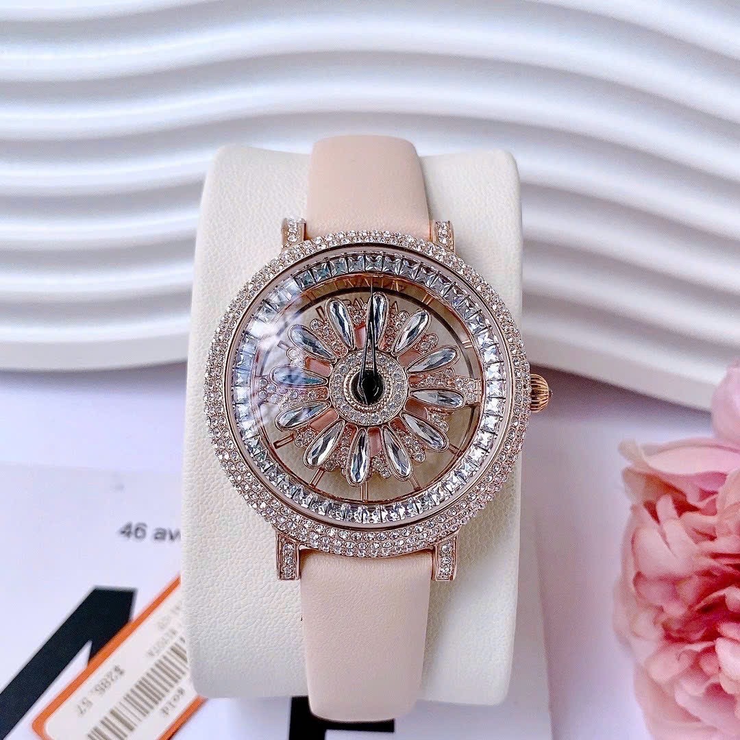 Đồng Hồ Davena Bông Hoa Xoay |Nữ Giới |Đính Đá |Rose Gold |Dây Da Hồng |Máy Pin (Quartz) |Size 38mm |donghogiatot.vn