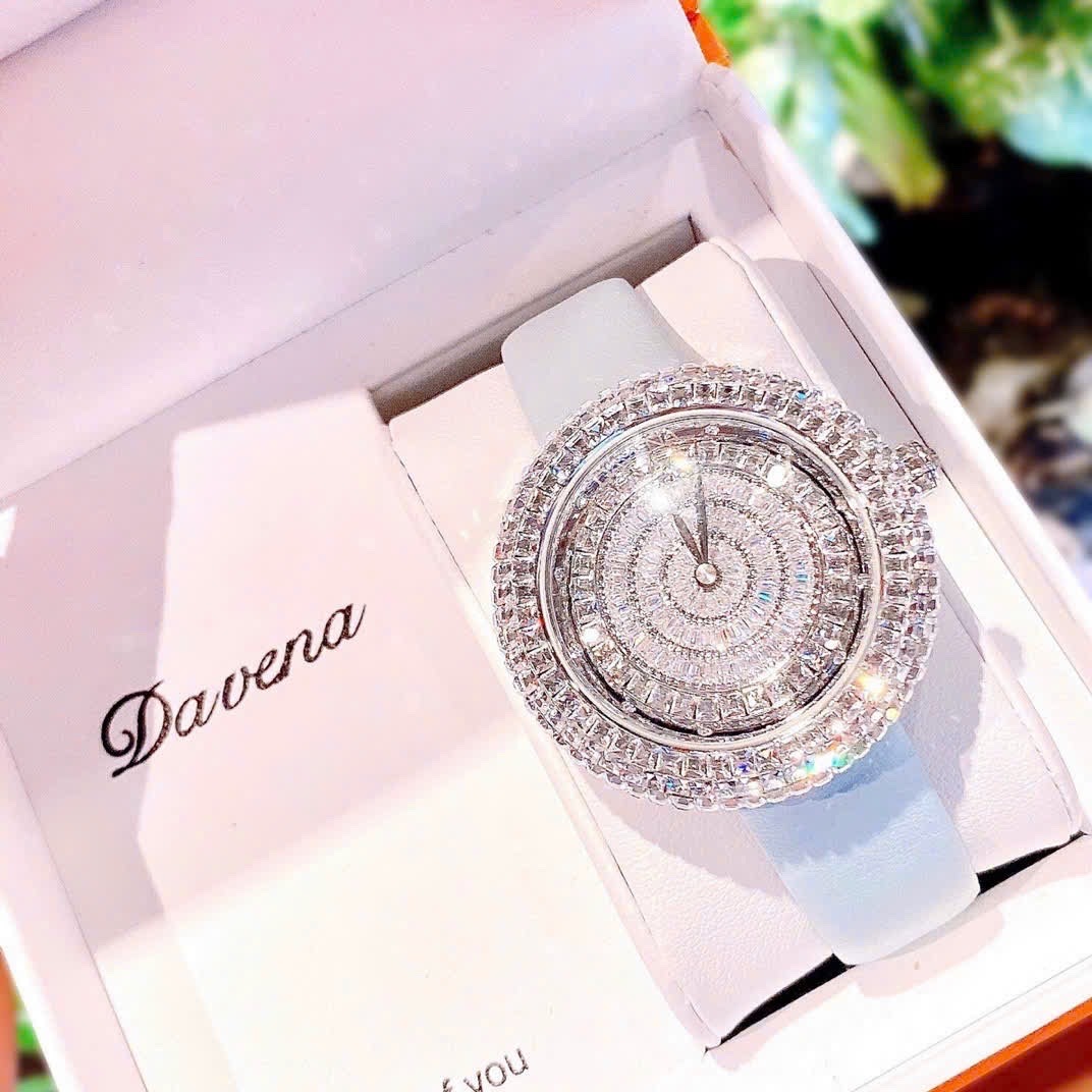Đồng Hồ Davena Mặt Xoay |Nữ Giới |Full Đá Trắng Silver |Dây Da Xanh |Máy Pin (Quartz) |Size 39mm |donghogiatot.vn