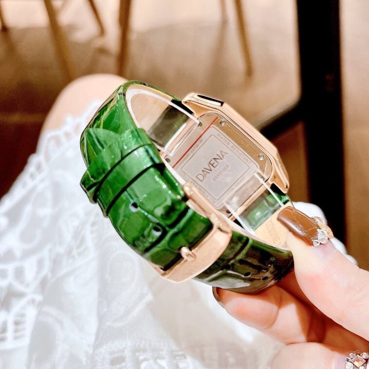 Đồng Hồ Davena Mặt Vuông |Nữ Giới |Đính Đá Rose Gold |Dây Da Xanh Lá |Máy Pin (Quartz) |Size 37mm |donghogiatot.vn