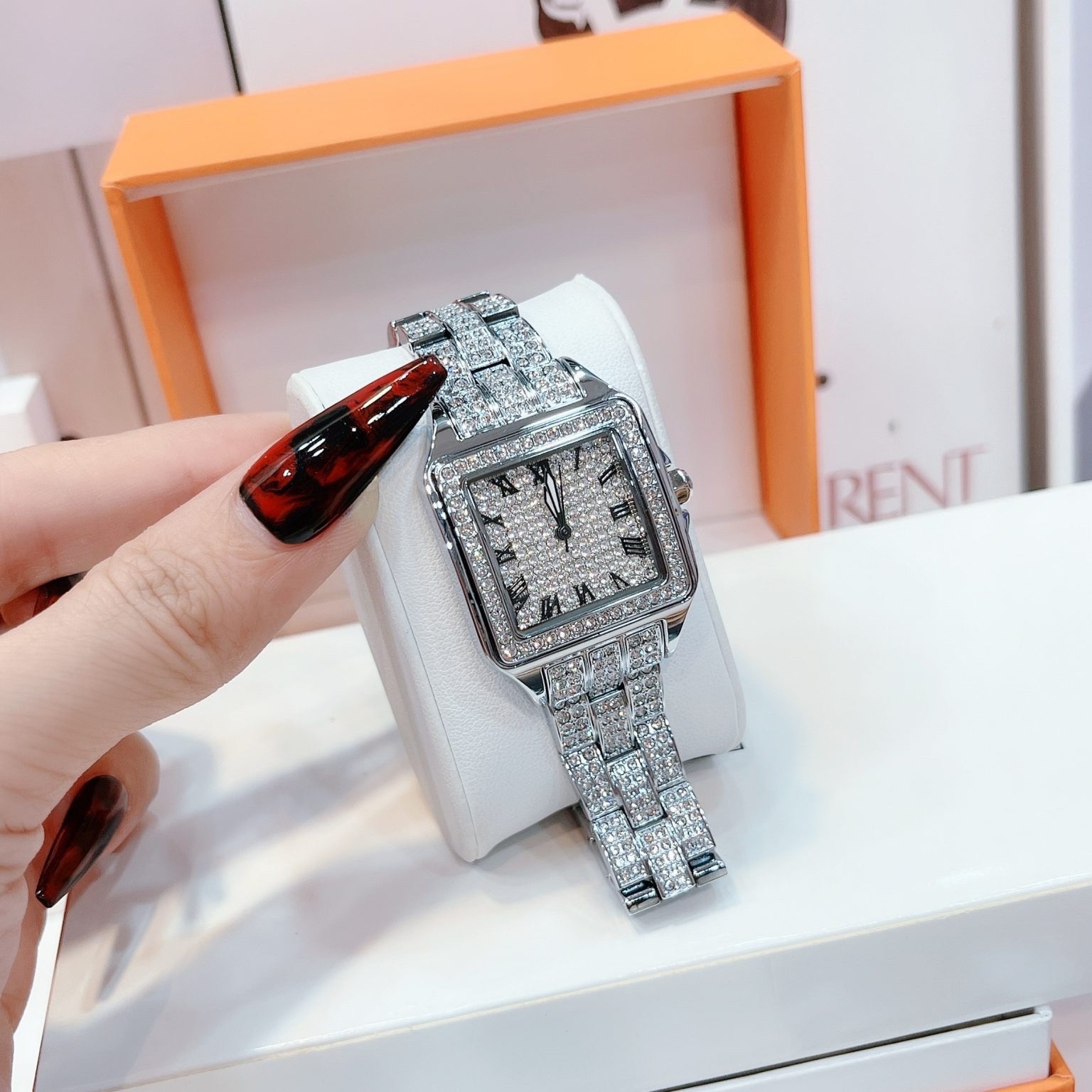Đồng Hồ Davena Mặt Vuông |Nữ Giới |Full Đá Trắng Silver |Dây Kim Loại |Máy Pin (Quartz) |Size 35mm |donghogiatot.vn