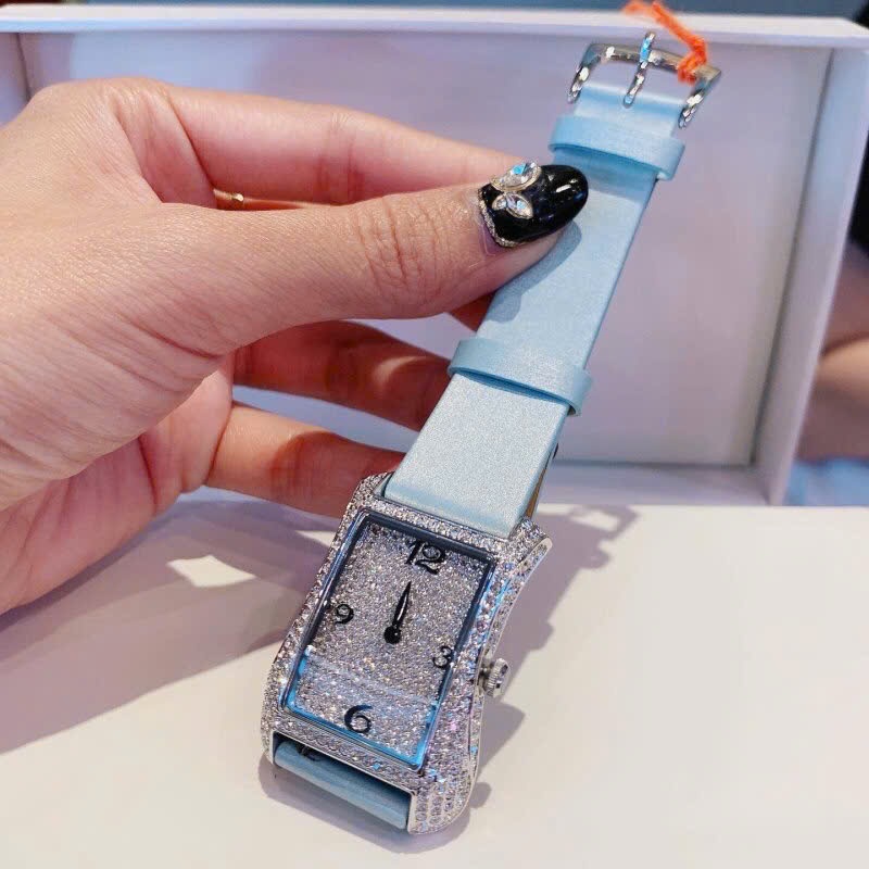 Đồng Hồ Davena Tựa Hermes |Nữ Giới |Full Đá Trắng Silver |Dây Da Xanh |Máy Pin (Máy Quartz) |Size 28x40mm |donghogiatot.vn