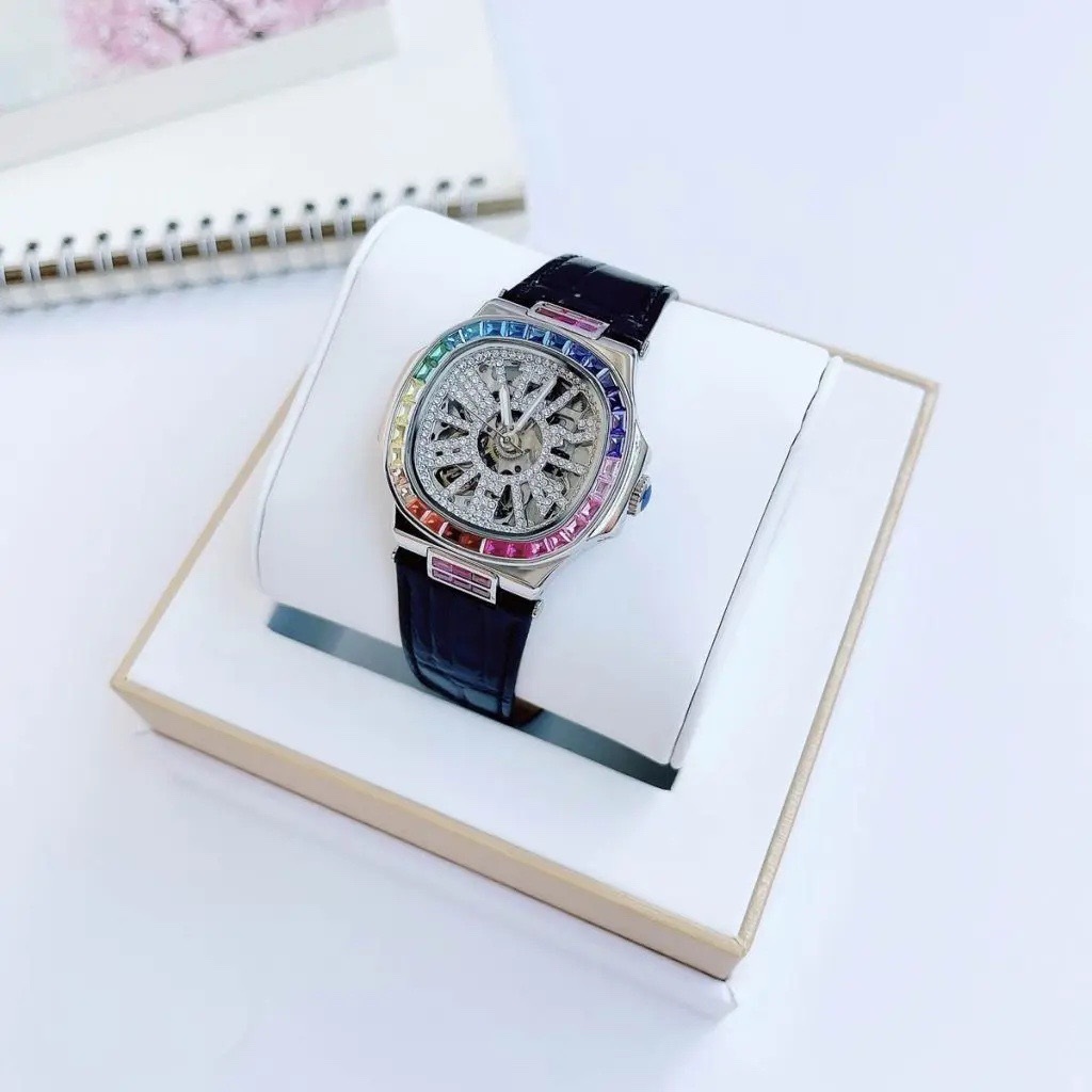 Đồng Hồ Davena Tựa Patek Philip |Nữ Giới |Full Đá Silver |Dây Da Đen |Máy Cơ (Automatic) |Size 34mm |donghogiatot.vn