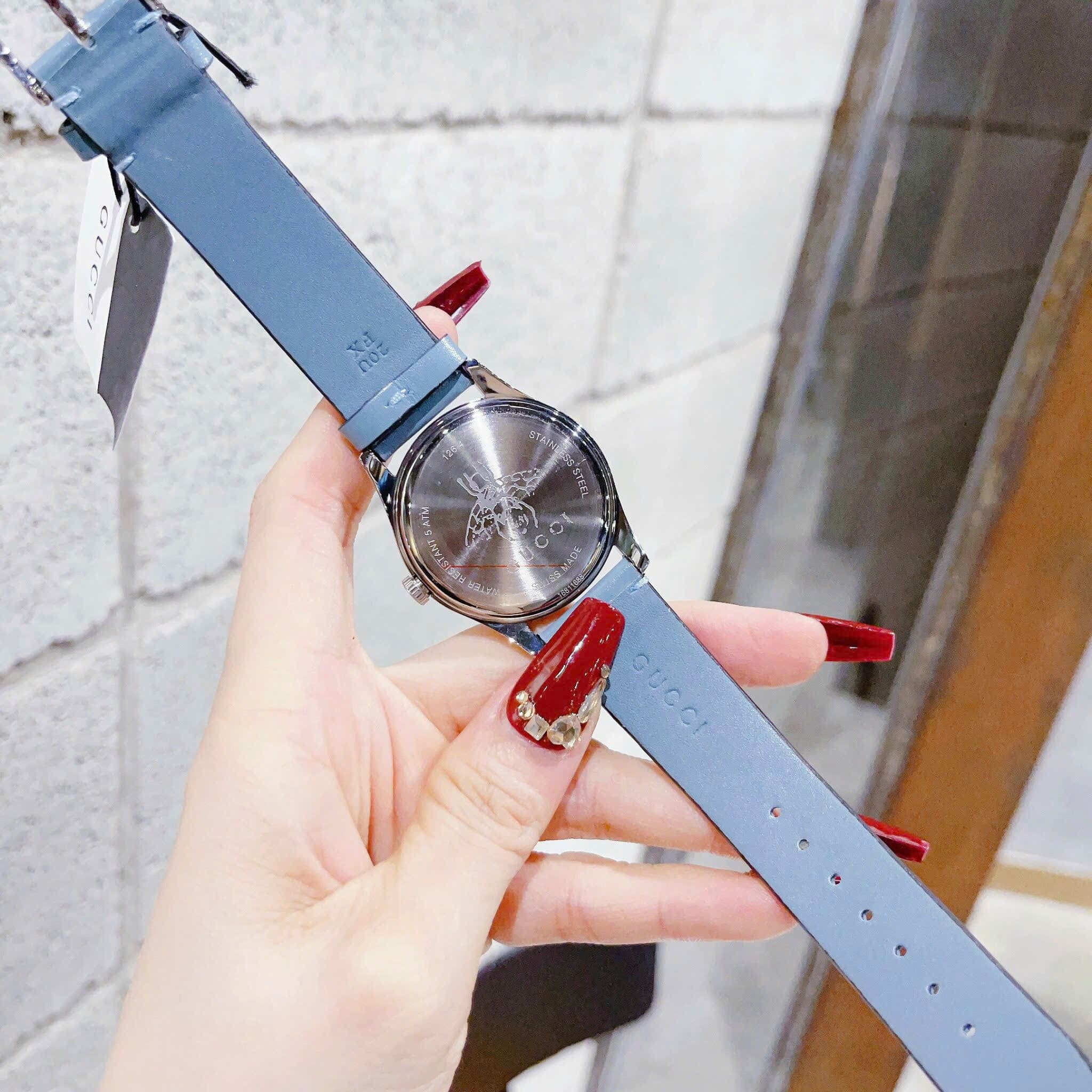 Đồng Hồ Gucci G-Timeless 4 Chú Mèo |Nữ |Mặt Khảm Trai |Dây Da Xanh Dương |Máy Pin (Quartz) |Size 38mm |donghogiatot.vn