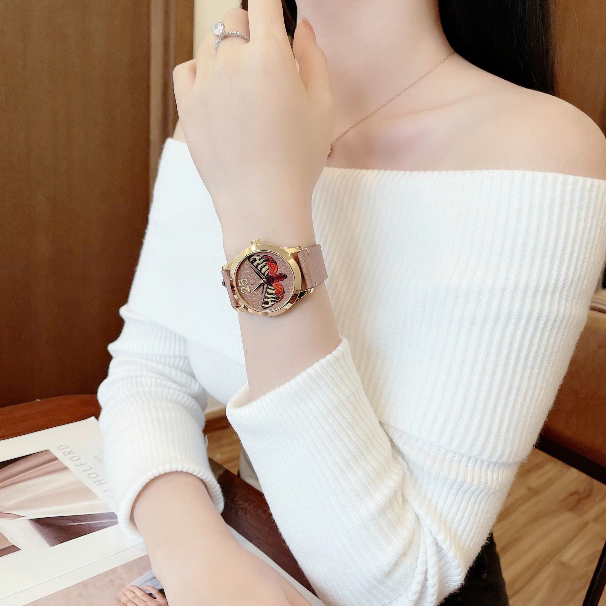 Đồng Hồ Gucci G-Timeless Butterfly |Nữ |Rose Gold |Dây Da Màu Nâu |Máy Pin (Quartz) |Size 38mm |donghogiatot.vn