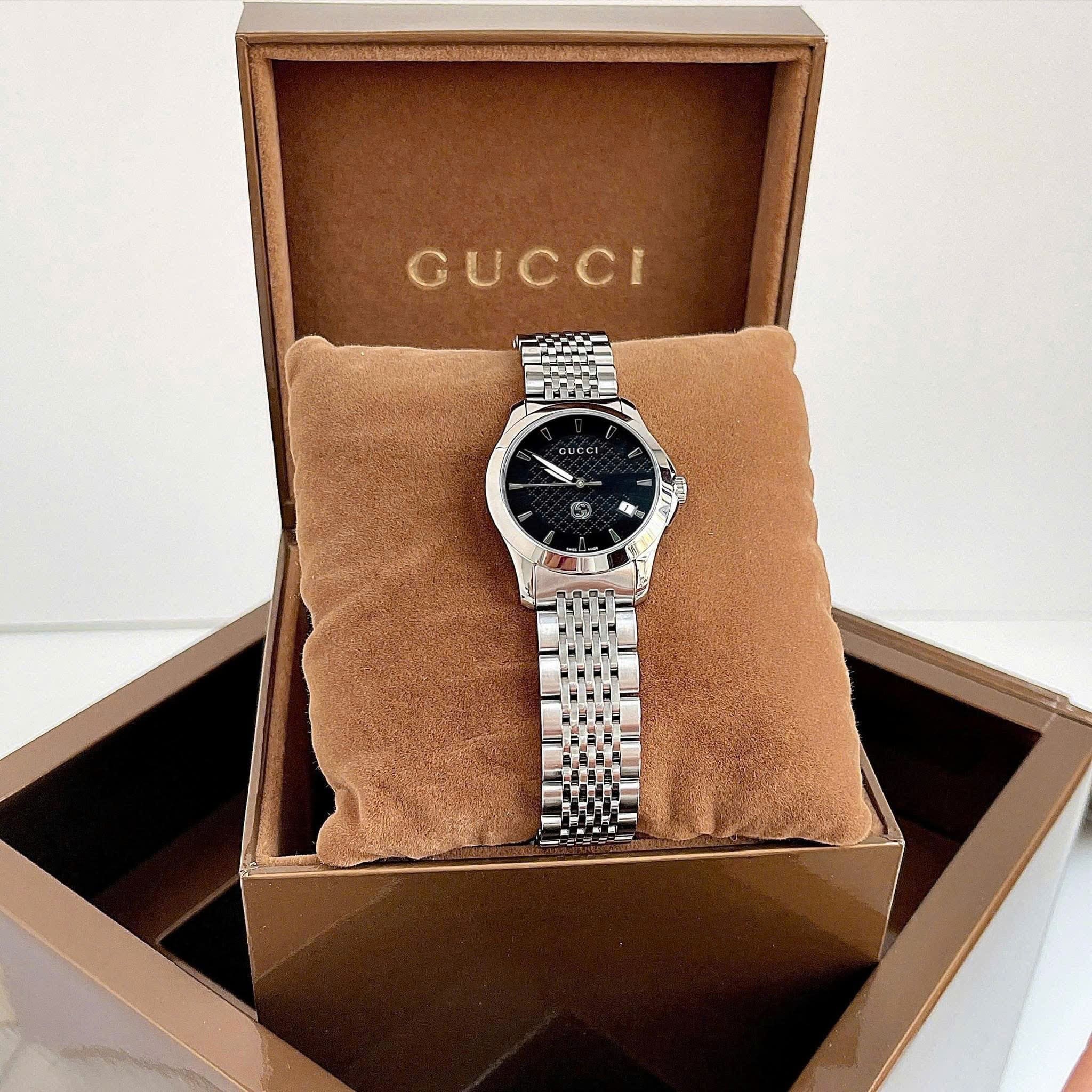 Đồng Hồ Gucci G-Timeless |Cặp Đôi |Mặt Màu Đen |Dây Kim Loại Silver |Size 38x28mm |donghogiatot.vn