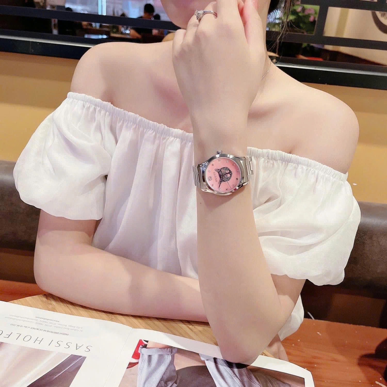 Đồng Hồ Gucci G-Timeless Cat |Nam |Mặt Mèo Hồng |Dây Kim Loại Silver |Máy Pin (Quartz) |Size 38mm |donghogiatot.vn