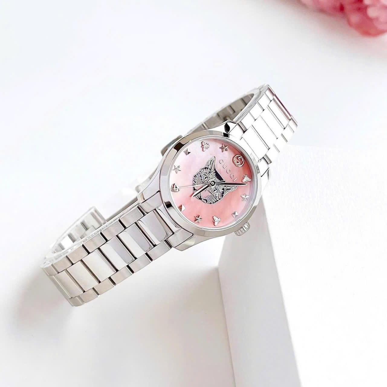 Đồng Hồ Gucci G-Timeless Cat |Nam |Mặt Mèo Hồng |Dây Kim Loại Silver |Máy Pin (Quartz) |Size 38mm |donghogiatot.vn