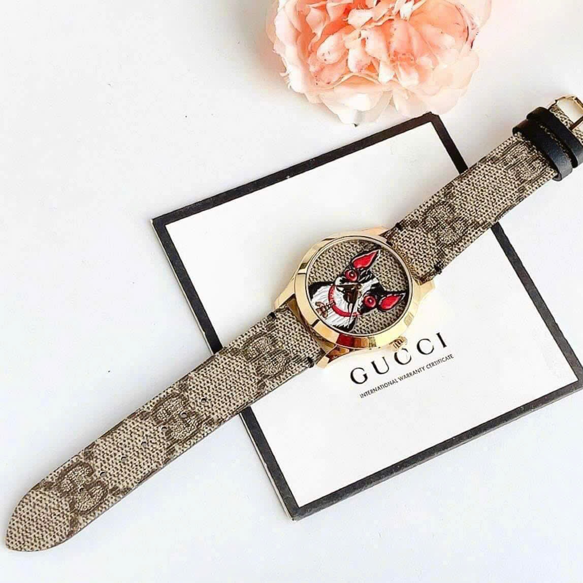 Đồng Hồ Gucci G-Timeless Dog Bull |Nữ |Vàng Gold |Dây Da Nâu Họa Tiết |Máy Pin (Quartz) |Size 38mm |donghogiatot.vn