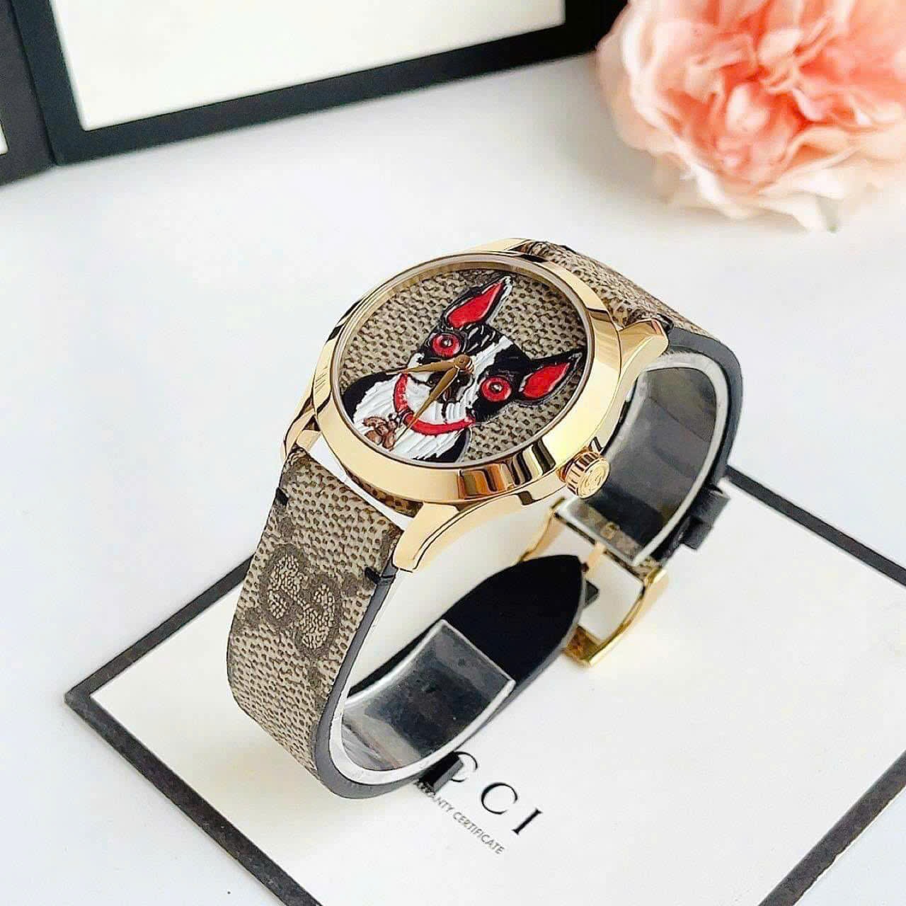 Đồng Hồ Gucci G-Timeless Dog Bull |Nữ |Vàng Gold |Dây Da Nâu Họa Tiết |Máy Pin (Quartz) |Size 38mm |donghogiatot.vn