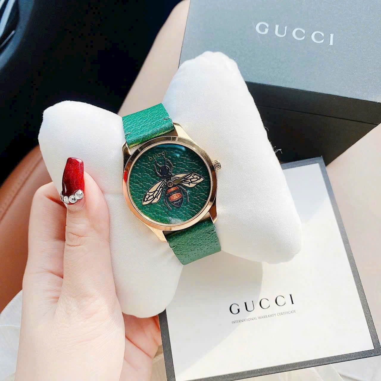 Đồng Hồ Gucci G-Timeless Emerald |Nữ |Họa Tiết Con Ong |Dây Da Xanh Lá |Máy Pin (Quartz) |Size 38mm |donghogiatot.vn