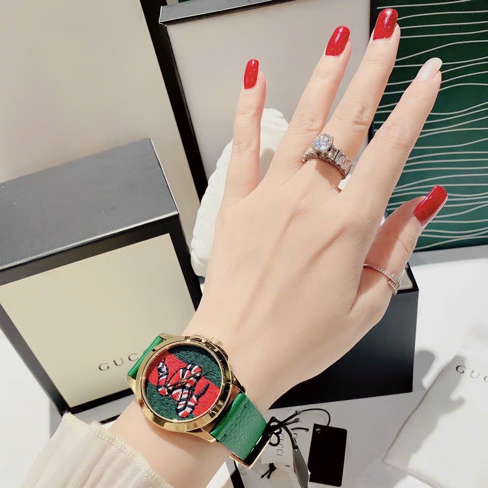 Đồng Hồ Gucci G-Timeless |Nữ |Họa Tiết Con Rắn Thêu |Dây Da Xanh Lá |Máy Pin (Quartz) |Size 38mm |donghogiatot.vn