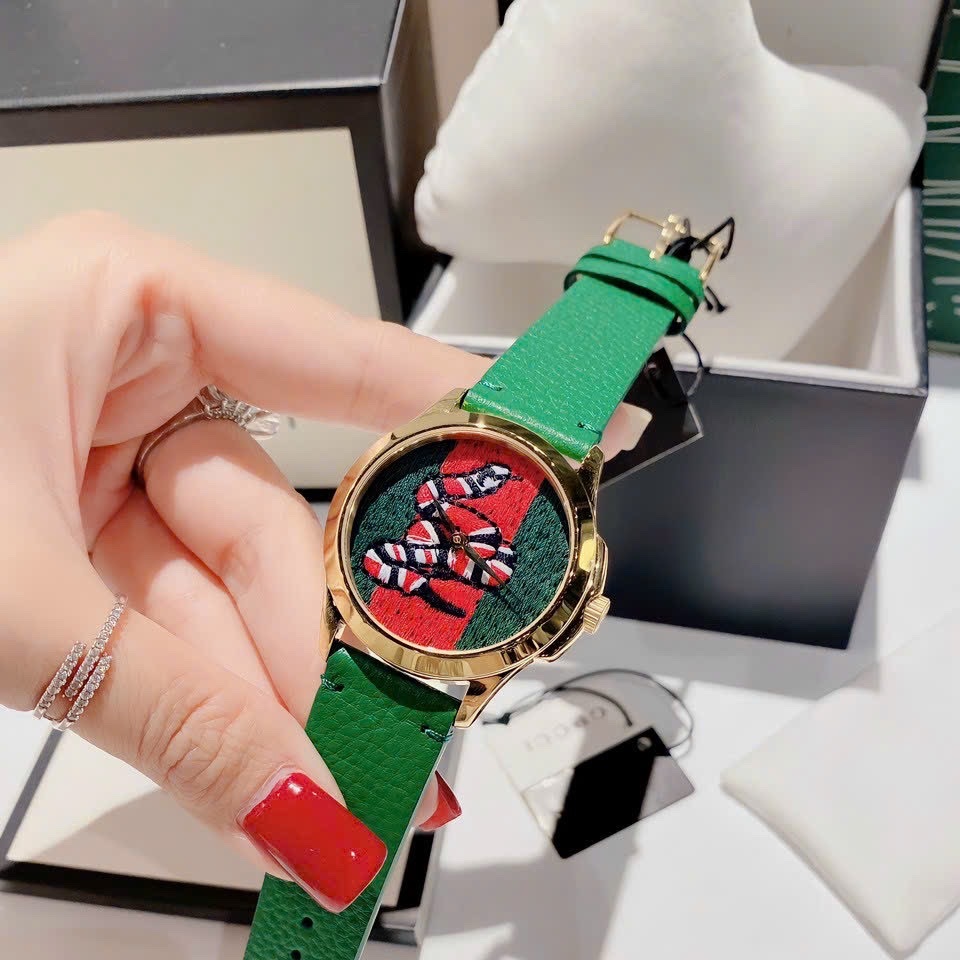 Đồng Hồ Gucci G-Timeless |Nữ |Họa Tiết Con Rắn Thêu |Dây Da Xanh Lá |Máy Pin (Quartz) |Size 38mm |donghogiatot.vn