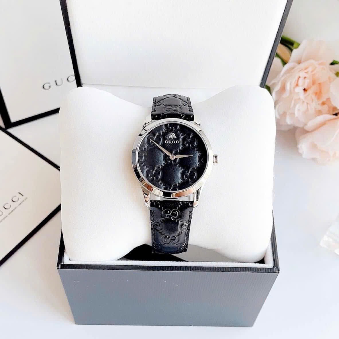 Đồng Hồ Gucci G-Timeless |Nữ |Mặt Tròn |Silver |Dây Da Màu Đen |Máy Pin (Quartz) |Size 38mm |donghogiatot.vn