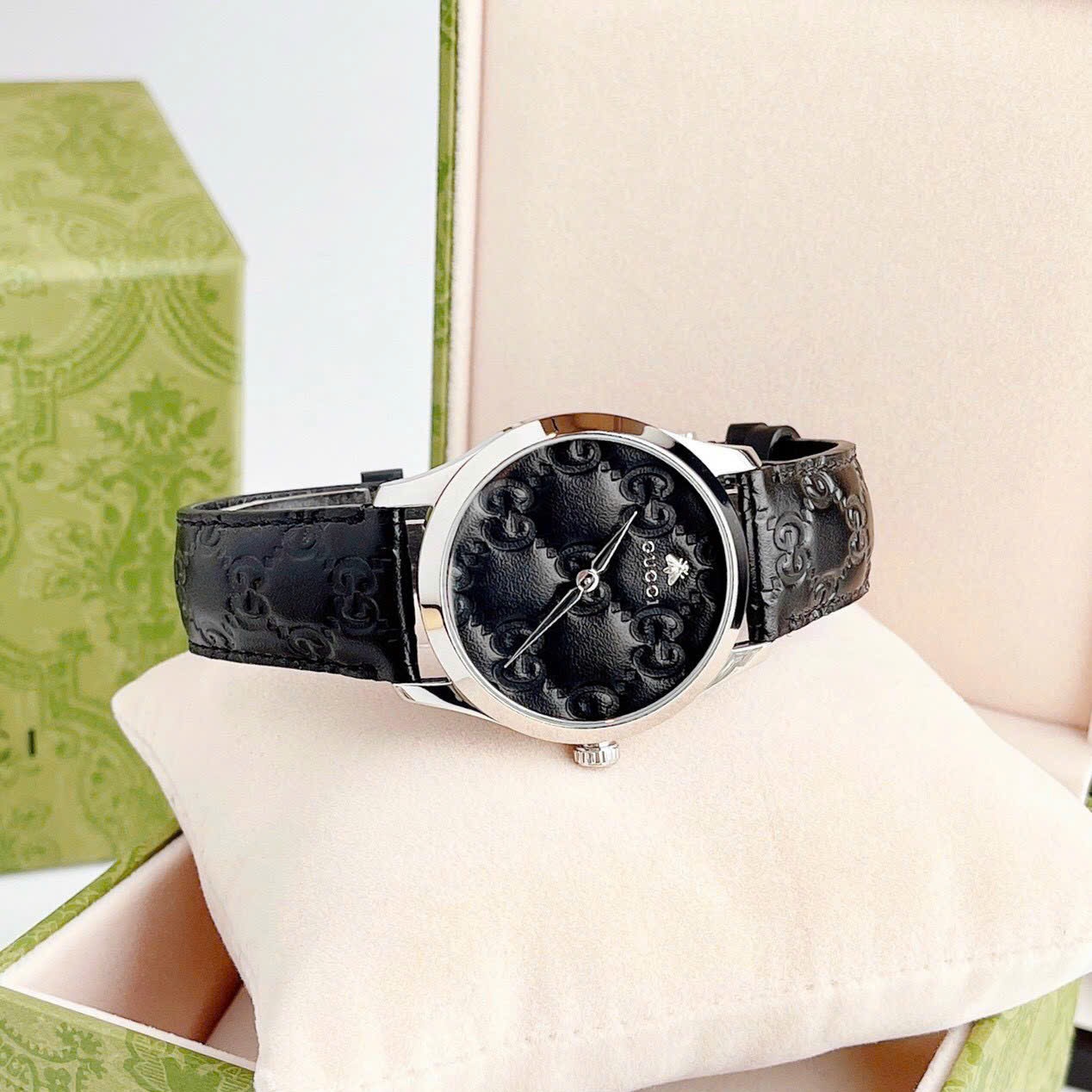 Đồng Hồ Gucci G-Timeless |Nữ |Mặt Tròn |Silver |Dây Da Màu Đen |Máy Pin (Quartz) |Size 38mm |donghogiatot.vn