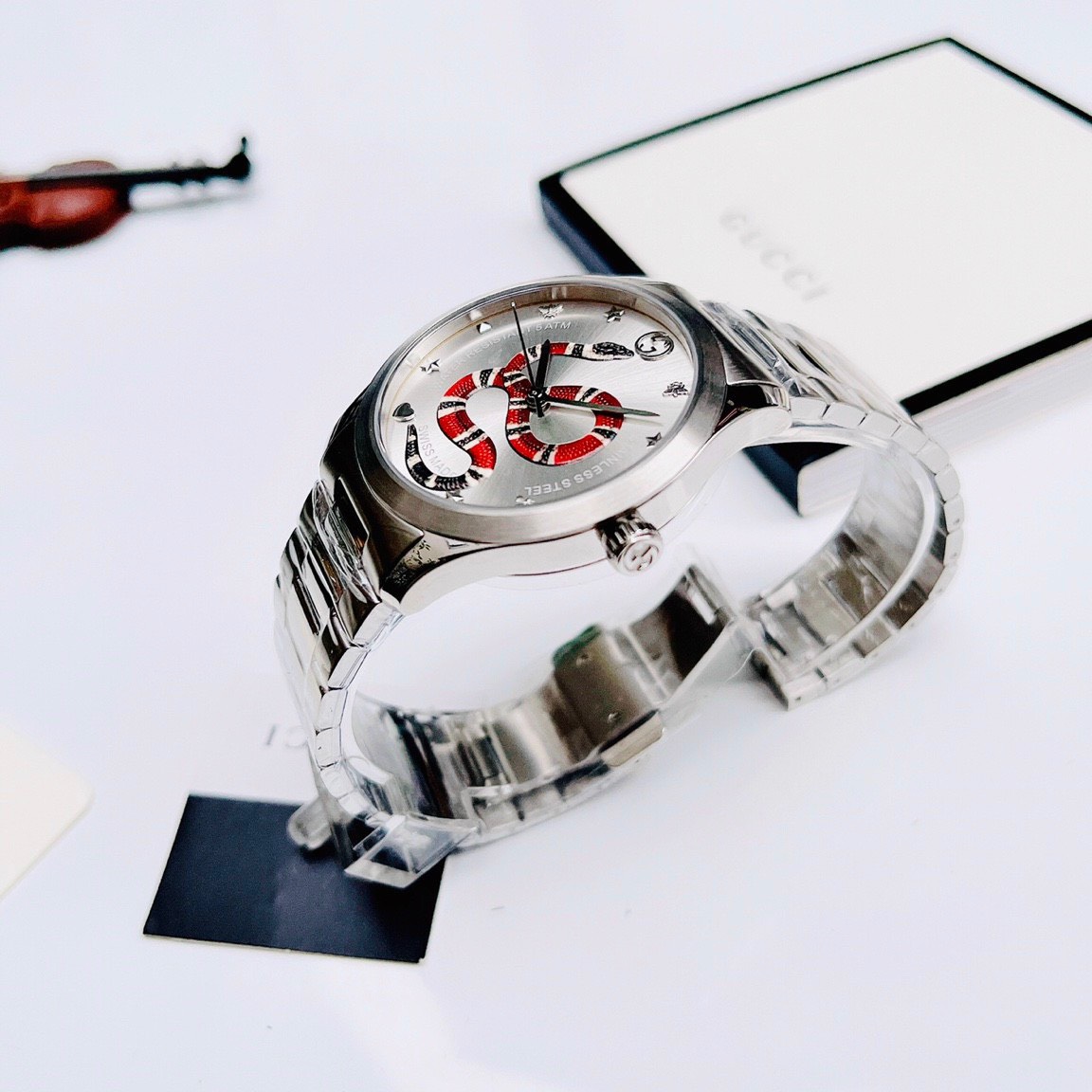 Đồng Hồ Gucci G-Timeless Snake Motif |Nam |Mặt In Rắn 3D |Dây Kim Loại Silver |Máy Pin (Quartz) |Size 38mm |donghogiatot.vn