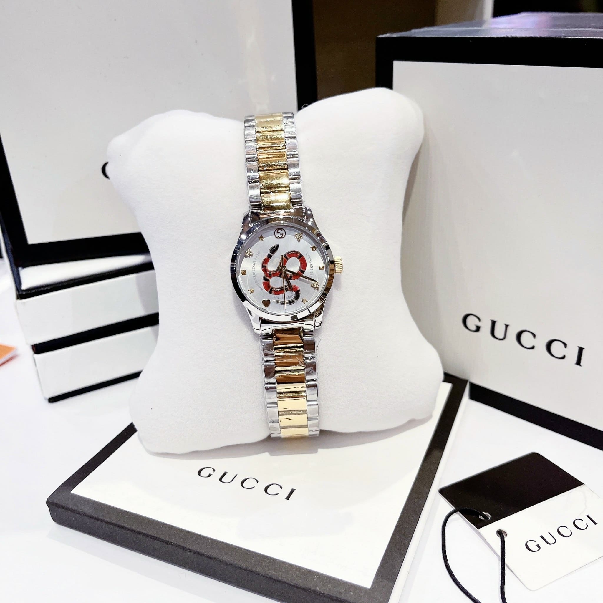 Đồng Hồ Gucci G-Timeless Snake Motif |Nữ |Rắn 3D |Dây Kim Loại Demi Vàng |Máy Pin (Quartz) |Size 29mm |donghogiatot.vn