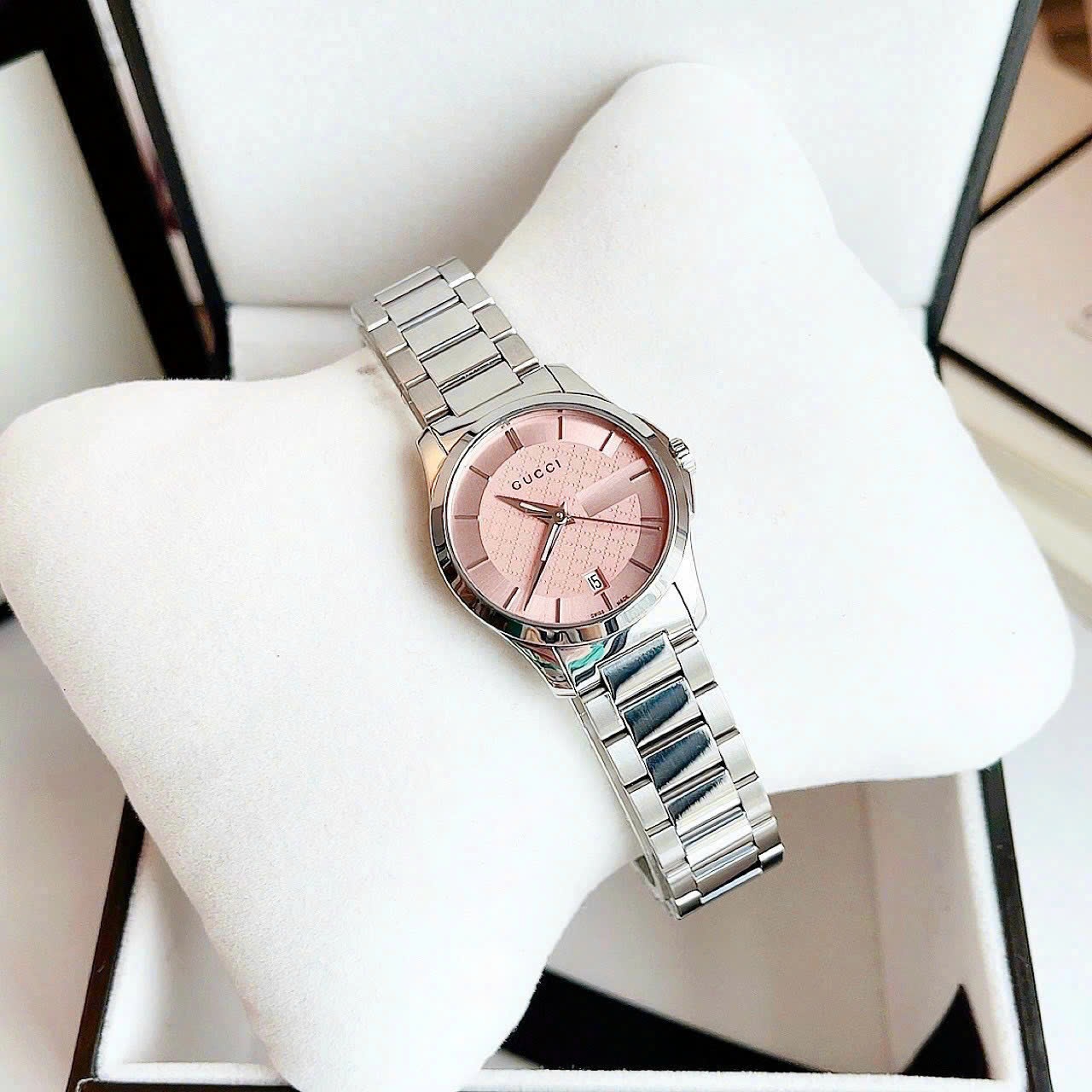 Đồng Hồ Gucci Timeless Pink |Nữ Giới |Mặt Tròn |Dây Kim Loại Silver |Máy Pin (Quartz) |Size 28mm |donghogiatot.vn