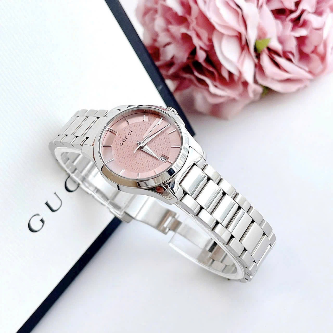 Đồng Hồ Gucci Timeless Pink |Nữ Giới |Mặt Tròn |Dây Kim Loại Silver |Máy Pin (Quartz) |Size 28mm |donghogiatot.vn